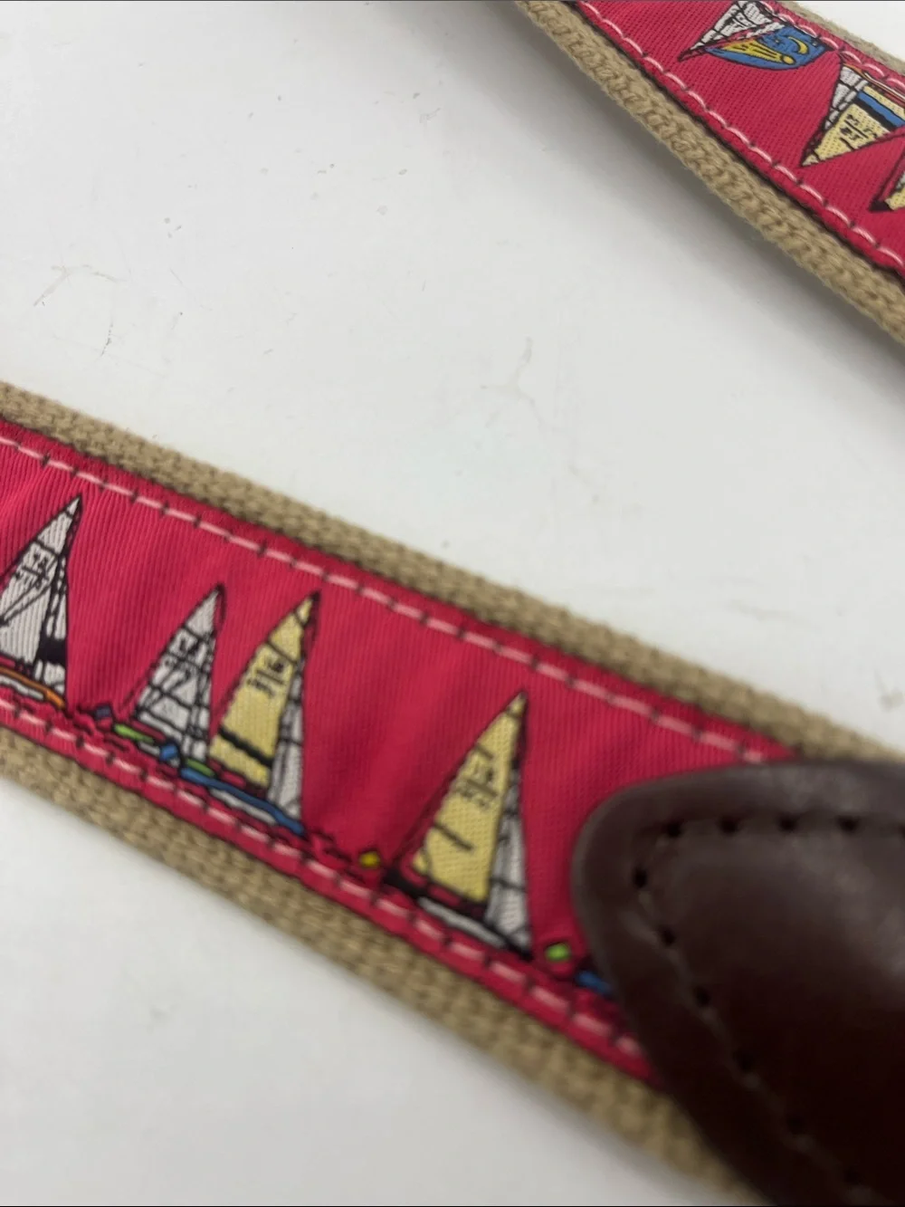 Men's Canvas Belt with Red Sailboat Ribbon and Brown Leather Trim